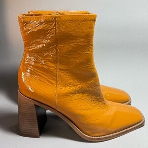 Women's Patent Leather Block Heel Ankle Boots - Mustard Yellow